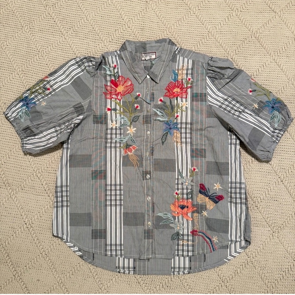 Johnny Was Gray Plaid Button-Down Shirt with Multicolor Floral Embroidery